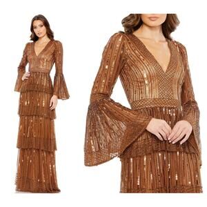 Mac Duggal 5442 Copper Size 10 Embellished Bell Sleeve Tiered V-Neck Gown NWT